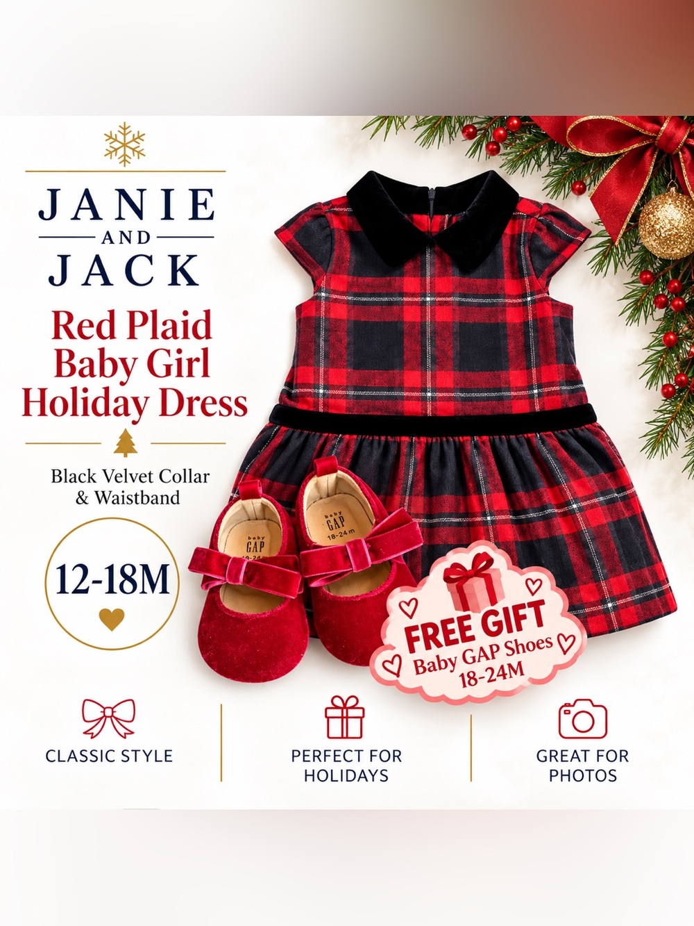 ❤️Janie and Jack Red Plaid Baby Girl Holiday Dress 12-18M + FREE Baby GAP Shoes
